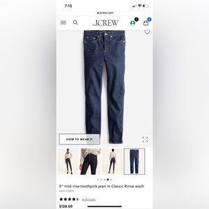 J. Crew toothpick jean, 9 inch high rise, size 29